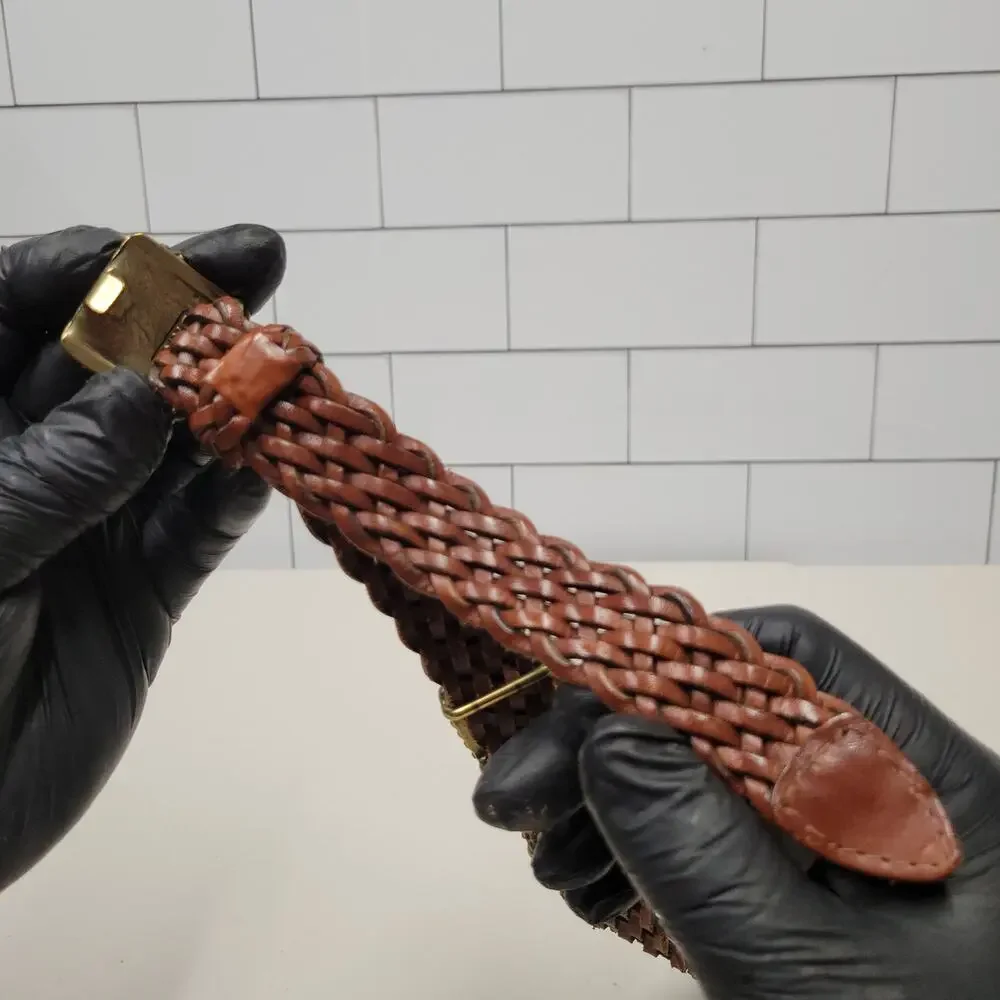 DKNY Brown Braided Leather Belt Gold Tone Buckle Women's Boho Casual Y2K